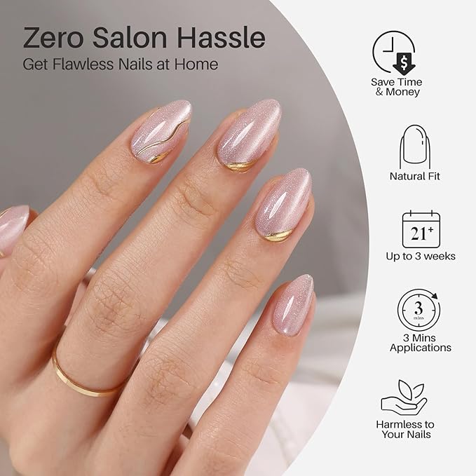 Nude Cat Eye Press on Nails Short - SHANGMENG 3D Gold Sculpting Almond Press on Nails for Women, Opaque Soft Gel Glue On Nails in 16 Sizes - 32 Fake Nails Kit with Glue, Gilded Glyphs