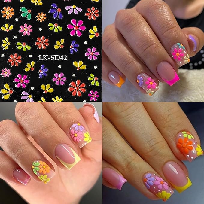 Flower Nail Art Stickers Decals 5D Embossed Nail Decals Spring Summer Nails Design Self-Adhesive Supplies Accessories 3D Flower for Women Nails DIY Decoration(6 Sheets)