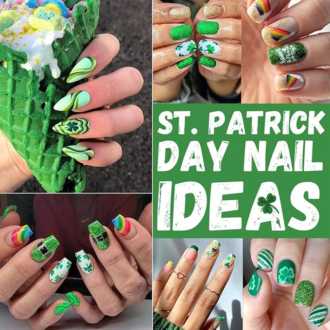 8Sheets St Patricks Day Nail Art Stickers 3D Holographic Shamrock Nails Stickers Self-Adhesive Deisgn Nail Decals Green Lucky Clover of Irish Nail Decorations for Women St. Patrick's Day Manicure Tips