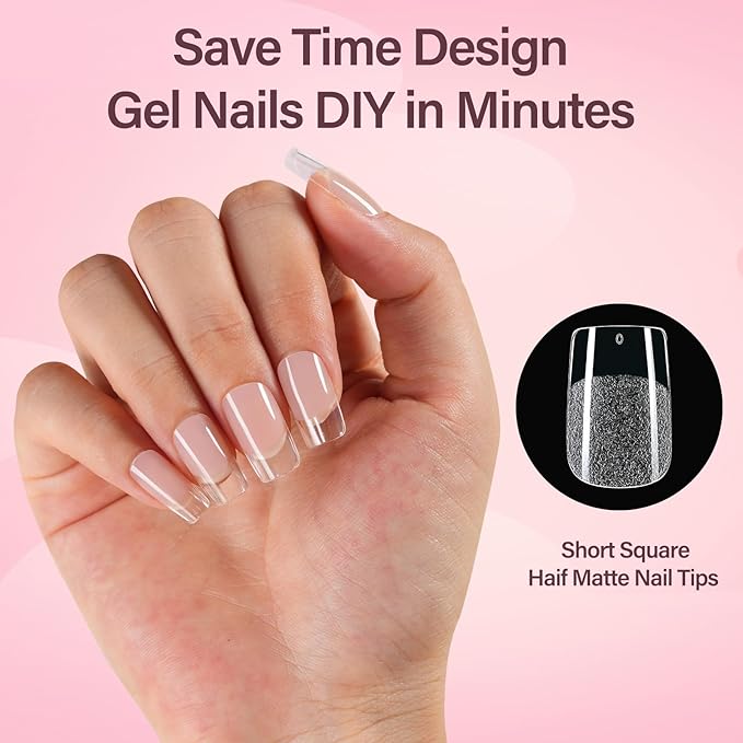 Misssix Short Square Gel Nail Tips, 216Pcs Pre Etched Clear Fake Nails, Full Cover Soft Acrylic False Nail Glue and Nail Glue Remover for Women 12 Sizes