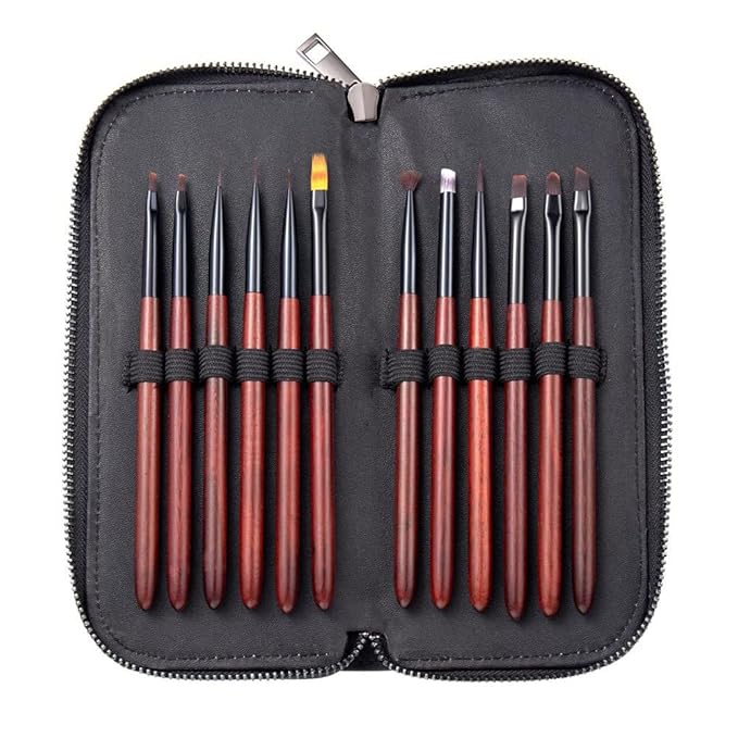 Nail Art Brushes Set, 12 Peices Professional High-end Sandalwood Nail Art Design Pen Painting Tools with Leather Pouch, Nail Art Liner Brush and Nail Dotting Pen for Gel Polish Manicure Salon DIY at Home (Red)