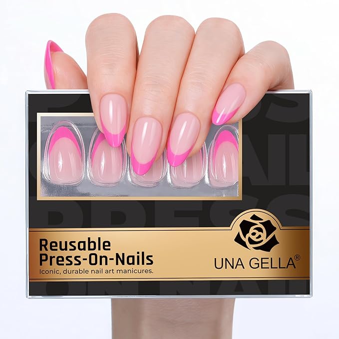 UNA GELLA 32Pcs Soft Gel Press on Nails - 16 Sizes Hot Pink French Tip Almond Glue on Nails, Reusable Neon Pink False Nails, Full Cover Acrylic Nail Kit for Women DIY Home Manicure