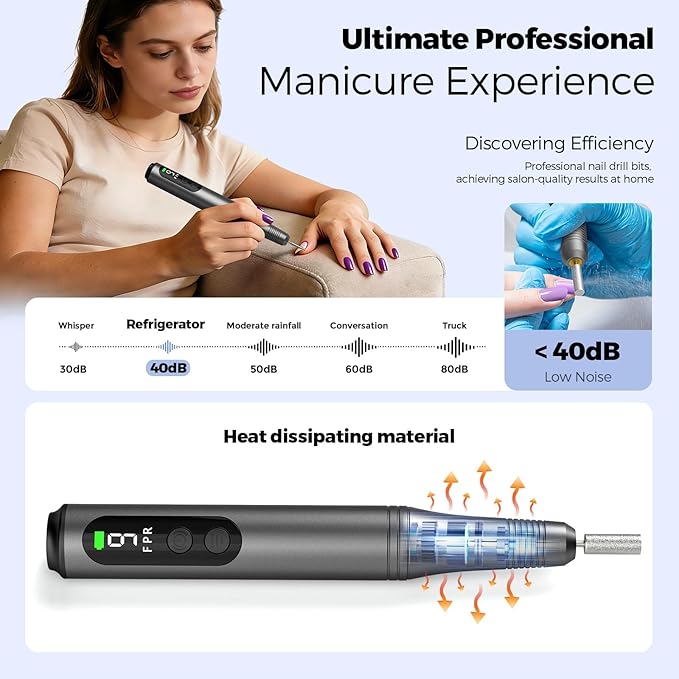 Electric Nail Drill Kit, Electric Nail File Cordless Nail Drill Machine for Acrylic Gel Dip Powder Nails, Professional Portable Manicure Pedicure Rechargeable Lightweight for Home Salon Use