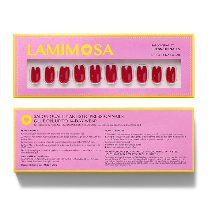 LAMIMOSA 32Pcs Classic Red Press On Nails Short Almond – Soft Gel Fake Nails in 16 Sizes, Reusable Solid Color Glue on Nails Kit, RASPBERRY