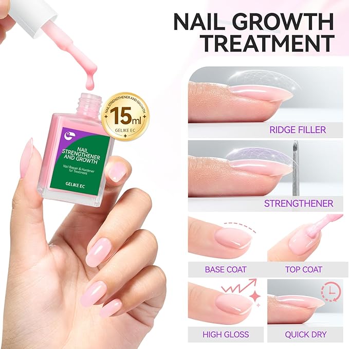 Gelike EC Nail Growth Treatment: Milky Pink 15ml Natural Nail Strengthener for Weak and Damaged Nails - Protein Nail Hardener for Home Salon Outdoor