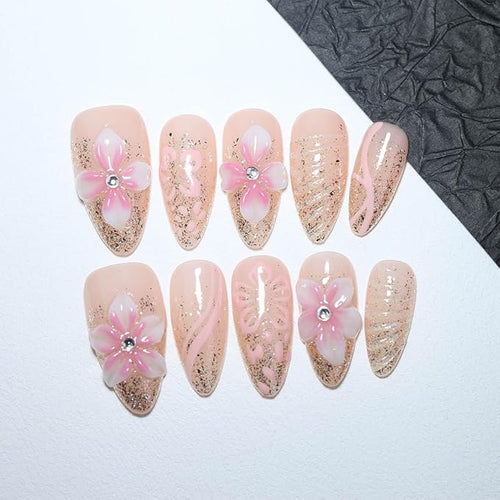 10 Medium Almond Handmade Press On Nails | Coquette Aesthetic Pink Ombre Fake Nails with 3D Floral, Glitter Gradient & Rhinestone Accents | Easy Apply & Remove, Reusable Salon Quality Nails (5U06, M)