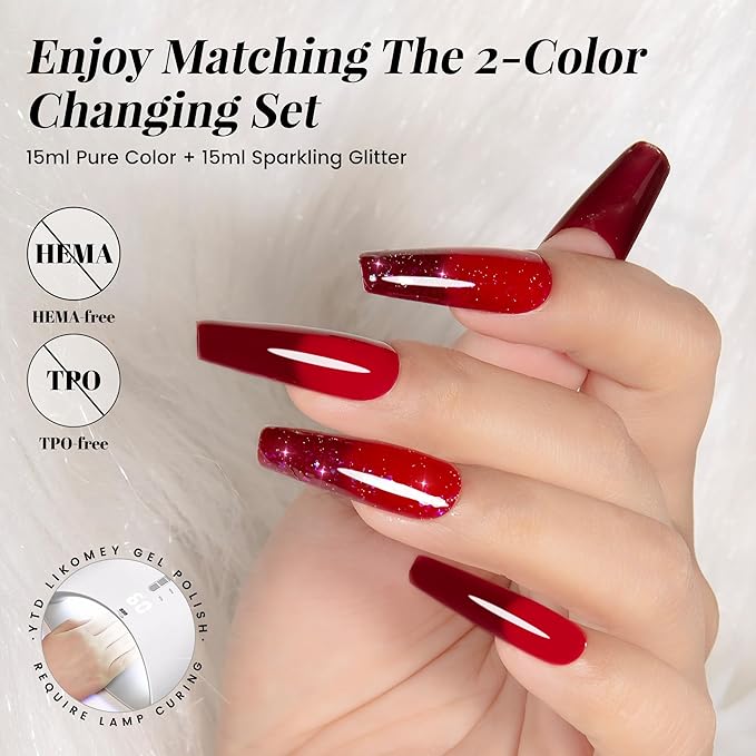 YTD Likomey Color Changing Gel Nail Polish 2 Pcs Set,15ml Red to Burgundy Red Pure Color and Brocade Glitter Kit,Thermal Ombre Change Colors Salon Manicure UV Nail Varnish,WB2-2
