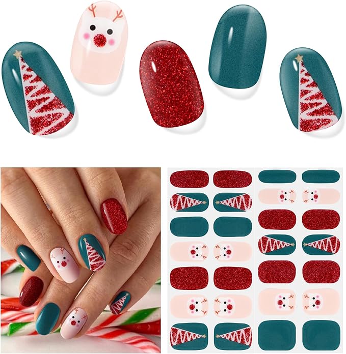 Semi Cured Gel Nail Strips,28 pcs Christmas Nail Stickers for Women,Long Lasting Gel Strips with Any UV Light,Red Green Christmas Sticker for Nails Easy to Apply
