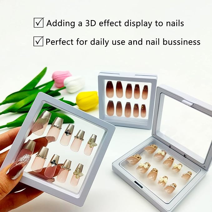 Press On Nail Packaging Boxes - 3D Floating Storage and Display Box With 60pcs Double Sided Adhesive Tape for Nail Tech
