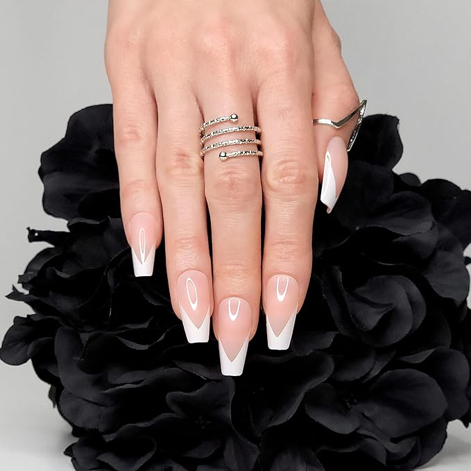 Hypnaughty 24 Pcs Modern White French Coffin Press On Nails with Design and Glue Medium Long Glue on Nails Nude Color False Nails (Modern White French)