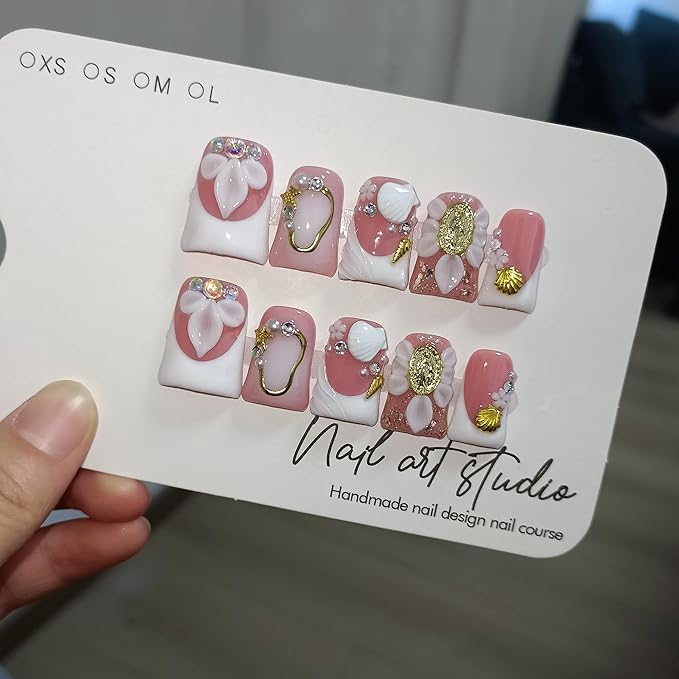 Duckbill Press on Nails - White Blushing French Ombre Fake Nails with 3D Floral & Shell Design For Women Girls | Salon Quality Handmade Elegant Classic Style False Nails with Tools(S)