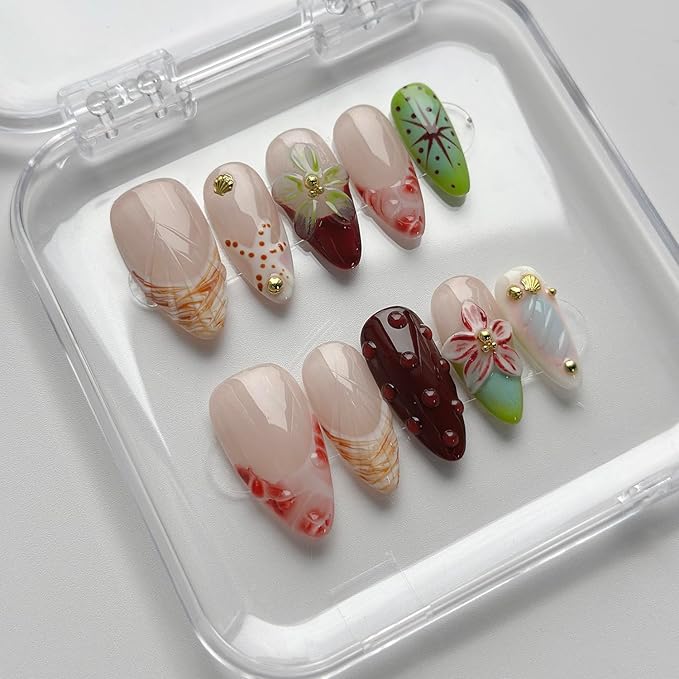 Luxury Press on Nails Medium Almond Handmade 3D Unique Reusable ABS Material Fake Nails French Tip False Nails with Designs Starfish Water Drop Red Flower Glossy Glue on Nail Thick Acrylic Nail(M)