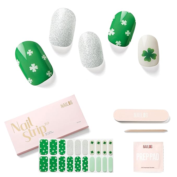 NAILOG Semi Cured Gel Nail Strips for St. Patrick's Day (20 Extra Long Green Stickers/Wraps) | Glossy & Long Lasting Soft Gel Finishing | The Shamrock