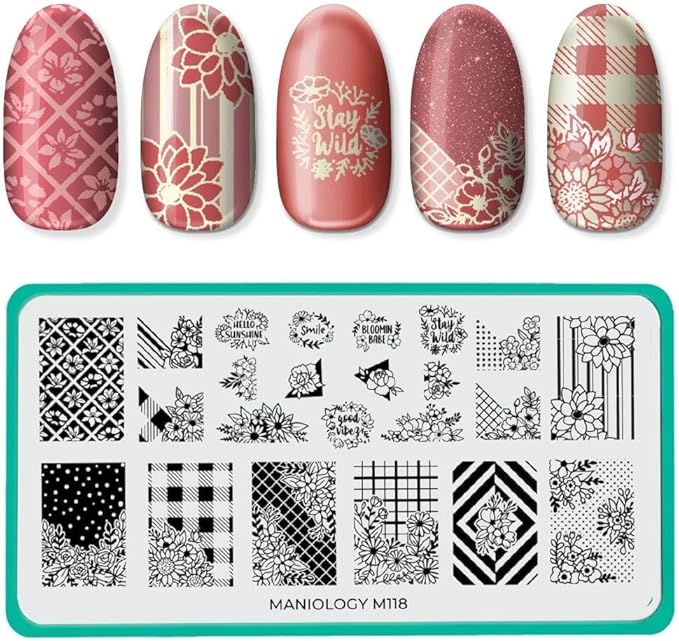 Maniology Petal Pusher Nail Stamping Plate | Spring Floral & Plaid Designs for Fresh Good Vibes DIY Manicures – Reusable, Rectangular Stainless Steel Nail Art Template