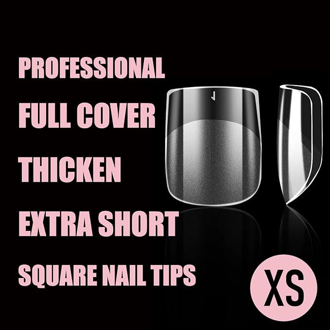 Square Nail Tips Extra Short Thicken Soft Gel Nails Pre-etched XS Clear Full Cover Press on Acrylic Fake Nail Extension for Manicure Salon Home DIY 360Pcs 15 Sizes Black Box Collection