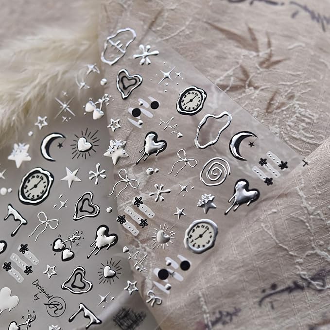 Heart Nail Stickers 5D Embossed Valentines Nail Art Stickers Silvery Nail Decals Self-Adhesive Design Sticker Star Bow Manicure Supplies Holiday Nail Art Decoration for Women