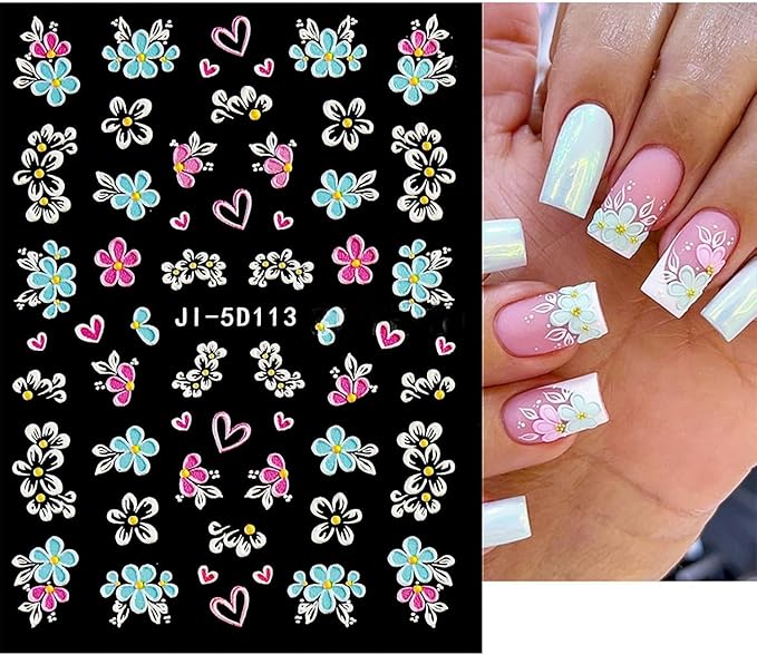 5D Embossed Flower Nail Art Stickers, Flower Nail Decals Nail Art Design Self Adhesive Nail Supplies Colorful Flower Nail Stickers for Women Manicure Decoration 4 Sheets…
