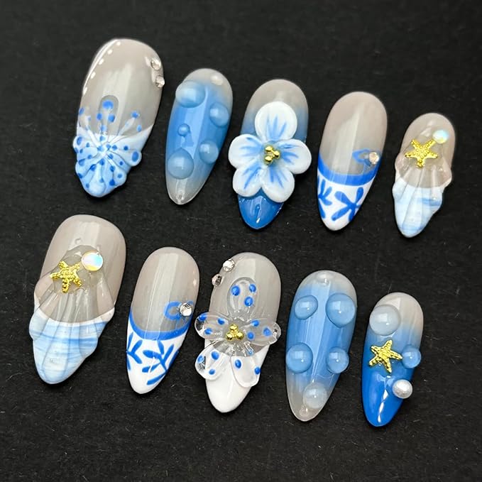 Luxury Press on Nails Medium Almond Handmade 3D Unique Reusable ABS Material Fake Nails Blue French Tip False Nails with Designs Flower Starfish Art Petal Glossy Glue on Nails Thick Acrylic Nails(S)