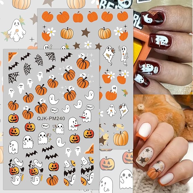 Halloween Nail Art Stickers - 3D Pumpkin, Spooky Ghost, Spider Web, Bats Decals - Self Adhesive Nail Design Stickers for Women DIY - 8 Sheets Decoration