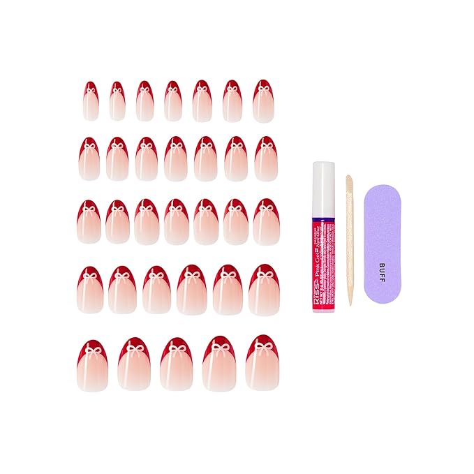 KISS LOVE Design Valentine's Day French Tip Press On Nails, Falling for Forever, Red, Medium, 32 Count