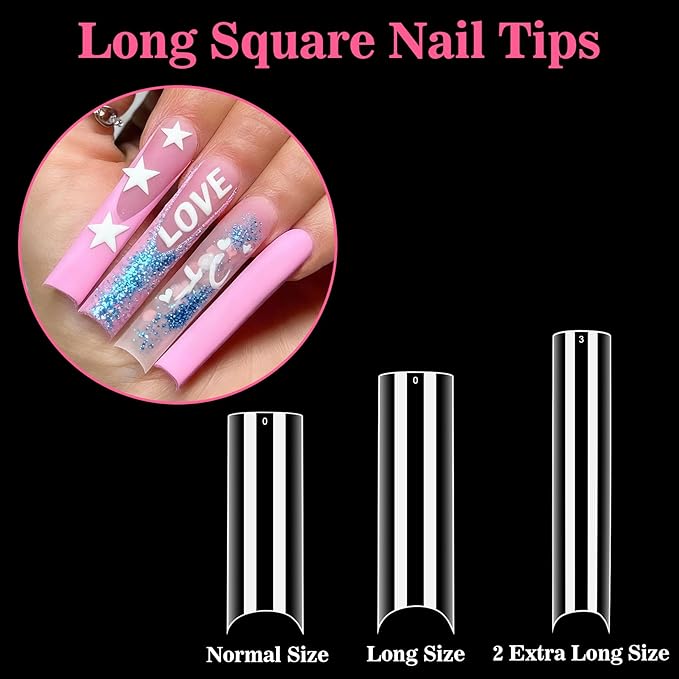 Long Square Nail Tips - 240PCS Clear Half Cover False Nails, Acrylic Nail Tips for Press Ons, 2XL Extra Long, 12 Sizes Manicure Extension Kit, DIY Nail Art Supplies for Nail Salon Home