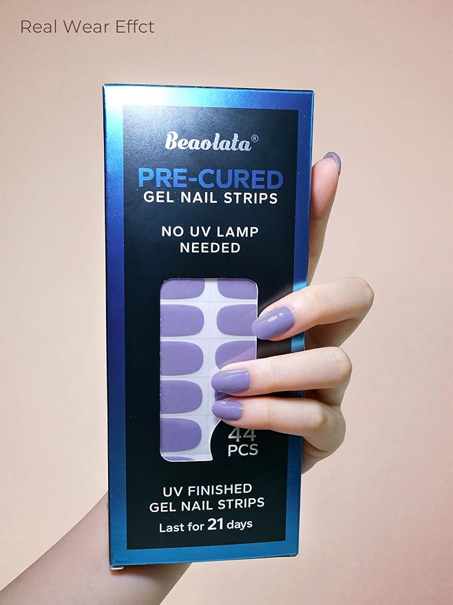 Pre Cured Gel Nail Strips - 44PCS Salon Quality Gel Nail Stickers - Long Lasting Polish Wraps for Women no UV Light Needed Easy Apply & Remove (Royal Purple)