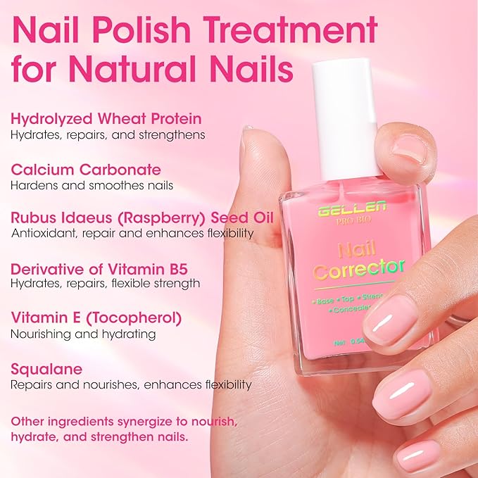 GELLEN PRO BIO Nail Strengthener and Growth, Clear Tinted Pink 5-In-1 One Stop Nail Polish Corrector Treatment | Fortify, Hydrate, Conceal, Smooth, Repair for Damaged, Dry, Uneven, Yellow Nails