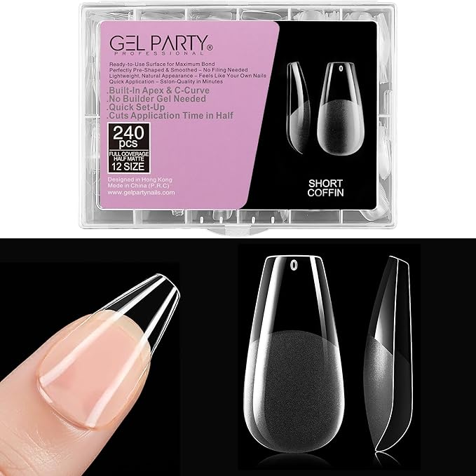 GELPARTY Soft Gel Nail Tips Short Coffin - 240Pcs Pre-Buffed Matte Full Cover Tips - No Filing Needed, Soak Off Gel Extension System - Clear Ballerina False Nails (12 Sizes)