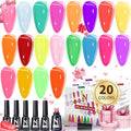 Jelly Gel Polish, 20 Colors Trendy Neon Jelly Gel Nail Polish Kit Glossy Crystal Transparent Gel Polish Nude Pink Purple Green Blue Yellow Red Colors Nail Polish Set Soak Off UV LED