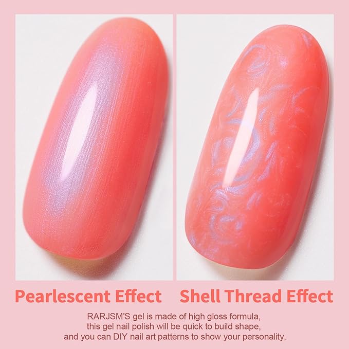 RARJSM Pearlescent Gel Nail Polish Neon Orange Red Shell Glitter Purple Shimmer Mermaid Iridescent Nail Gel Polish Soak Off LED UV Curing Requires Swirl Thread Effect DIY Manicure 7.5ML Summer Nail