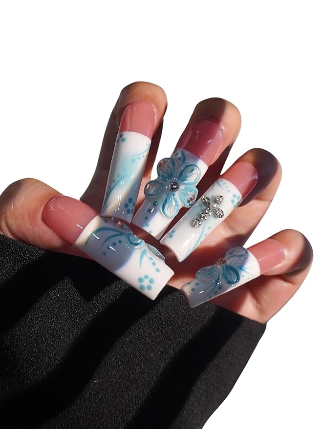 HAND-PAINTED White Press Ons Neon Small Press on Nails Long French Press on Nails Coffin Medium Short Nail art Fake Nail Art Kit with 7g Glue on Nails Handmade Almond Square Nails (TJ-8, Large)