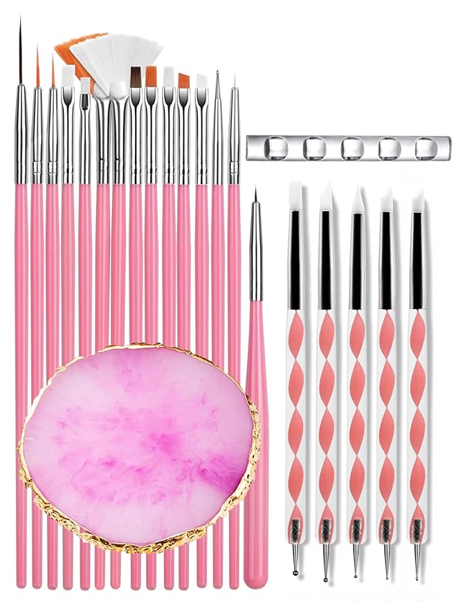 Nail Art Brush Set with Silicone Sculpting Tools, Metal Dotting Tips & Brush Holder – Includes Mixing Palette, Nail Painting Brushes for Gel, Acrylic, DIY Nail Design, Salon & Home