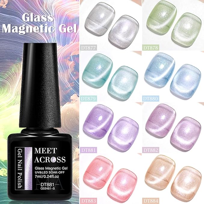 MEET ACROSS Jelly Glitter Cat Eye Gel Nail Polish Set 12PCS, Glass Fairyland Magnetic Nail Polish Translucent Pink Blue Green Purple Shimmer Sheer Gel Polish with Magnet Nail DIY Art Salon