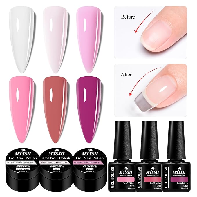 MTSSII 10PCS 3D Builder Gel Kit - White Pink Non-Sticky Hand Extension Gel with Silicone Pen for Nails Brown Purple Nail Polish Design Manicure Salon Supplies
