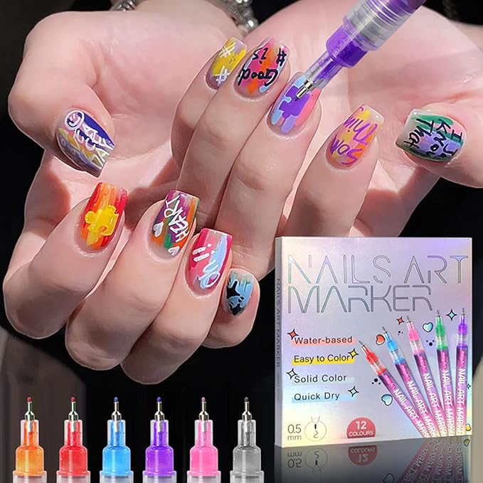 12 Colors Nail Art Pens ,0.5mm Nail Art Markers,nail art pens for painting nails,Nail Point Graffiti Dotting Pen ,Acrylic Nail Art Pen Quick-Drying,Home & Salon DIY Nail Art Tools