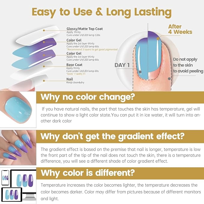 YTD Likomey Color Changing Gel Nail Polish 2 Pcs Set,15ml Tiffany Blue To Purple Pure Color and Glitter Kit,Thermal Ombre Change Colors Salon Manicure UV Nail Varnish,WB2-8