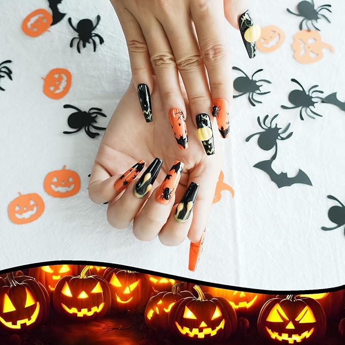 Halloween Press on Nails Ballerina Shape Long Coffin - Black Base with Ant Web Bat Dripping Effect 3D Nail Art for Women & Girls (Pumpkin Bat Silhouette,S)