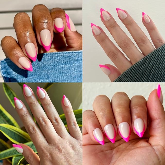 Olive & June Maximalist Instant Mani Press-On Nails (Glue) | 42 Fake Nails, 21 Sizes | Non-Toxic, Long-Lasting Big, Bold Gorgeous Realistic Look | Salon-Quality | Medium, Stiletto | Neon Pink French