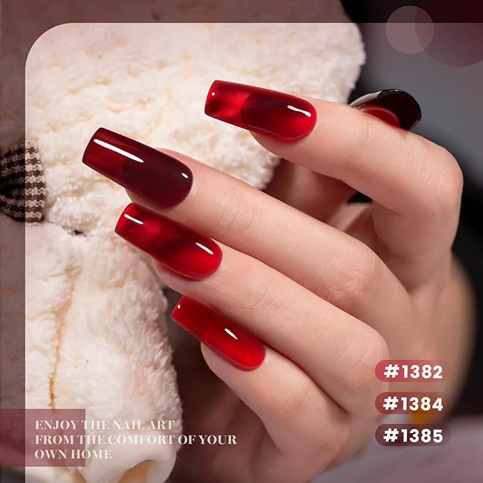 RARJSM Jelly Stained Glass Gel Nail Polish Set 6pcs Clear Glazed Amber Burgundy Cherry Wine Red Glitter Series Crystal Transparent Sheer Gel Varnish Curing Requires Soak off Christmas Manicure