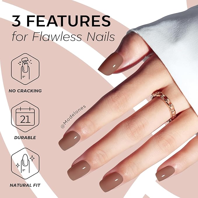 Modelones Mocha Brown Press on Nails, Short Square Fake Nails, Reusable Nail Kit with Nail Glue Adhesive Tabs Mini Nail File, Nails Press Ons 32Pcs16 Sizes, Women Girl Gift