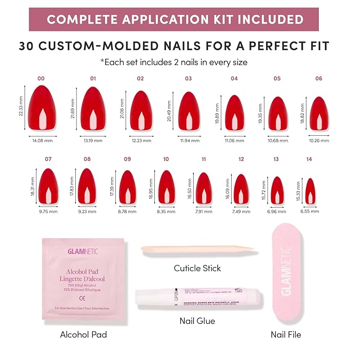 Glamnetic Press On Nails - Fiery Red Fake Nails | Opaque Bright Red Short Almond Fake Nails, Salon Quality | 15 Sizes - 30 Nail Kit with Glue