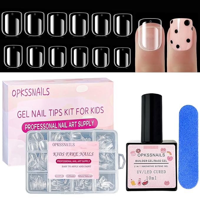 Short Square Press On Nails For Girl, 216Pcs Pre Etched Clear Press On Nails Kit For Kids,Full Cover False Nail with 3 in 1 Nail Glue, Fake Nails Extension Set for Home DIY 12size
