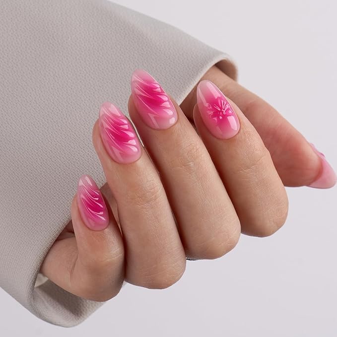 VSALON Press-On Nails Short Almond - Hot Pink & Nude 3D Design Bowknot Valentine French Tip Fake Nails, 42 PCS in 16 Sizes Nail Kit with UV Glue, Easy Tabs, Nail Glue & Remover (Barlow Girl)