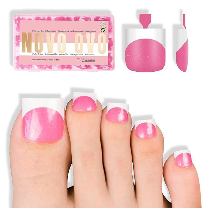 NOVO OVO French Tip Toe Nail Tips press on, ROSE PINK WITH GLITTER Sharp Square Toe Nail Tips Toenail Extension, Need Builder Gel & Top Coat, no Glue, Full Cover Acrylic for DIY 15 Sizes 240 pcs