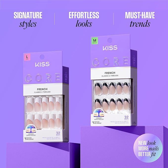 KISS CORE, Press On Nails, Nail glue included, 'Scenario', Pink, Medium Size, Squoval Shape, Includes 32 Nails, 2g Glue, 1 Manicure Stick, 1 Mini File