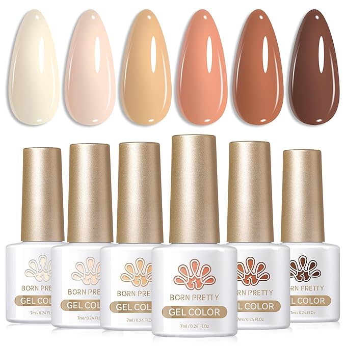 Born Pretty Nude Gel Nail Polish Set,6 Colors Neutral Beige White Nude Pink Brown Gel Polish Kit Skin Tones Collection Soak Off U V Gel Nail Kit Manicure DIY Home