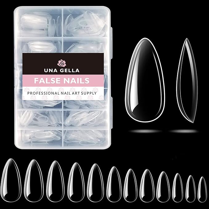 UNA GELLA Almond Fake Gel Nail Tips, 216pcs Medium Almond Pre Shaped Nails Tips for Long-Lasting Acrylic Nails, Perfect for DIY At Home French Style Nail Salon 12 Sizes