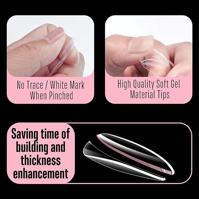 NOVO OVO Long Oval Nail Tips NATURAL (Not SCULPTED) for Flat Nail Beds, Extra Thick L Length False Nails Press on, Full Cover Soft Gel Fake Nail Extension, Salon DIY x 15 Sizes 450 pcs