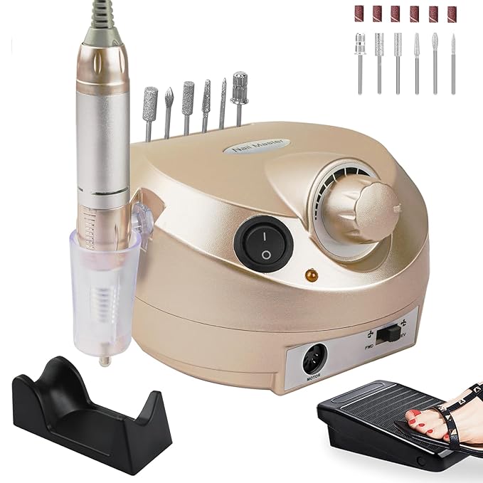 Portable Electric Nail Drill, 30000RPM Nail Drill with 6 NailDrill Bits and Sanding Bands, Nail File Kit for Acrylic, Gel Nails, Dip Powder, Manicure and Pedicure for Home Salon Use, Golden