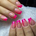 Pink Press on Nails Short Square Fake Nails French Tip False Nails with Gold Glitter Line Designs Glossy Glue on Nails Full Cover Acrylic Stick on Nail Hot Pink Artificial Nail for Women Manicure